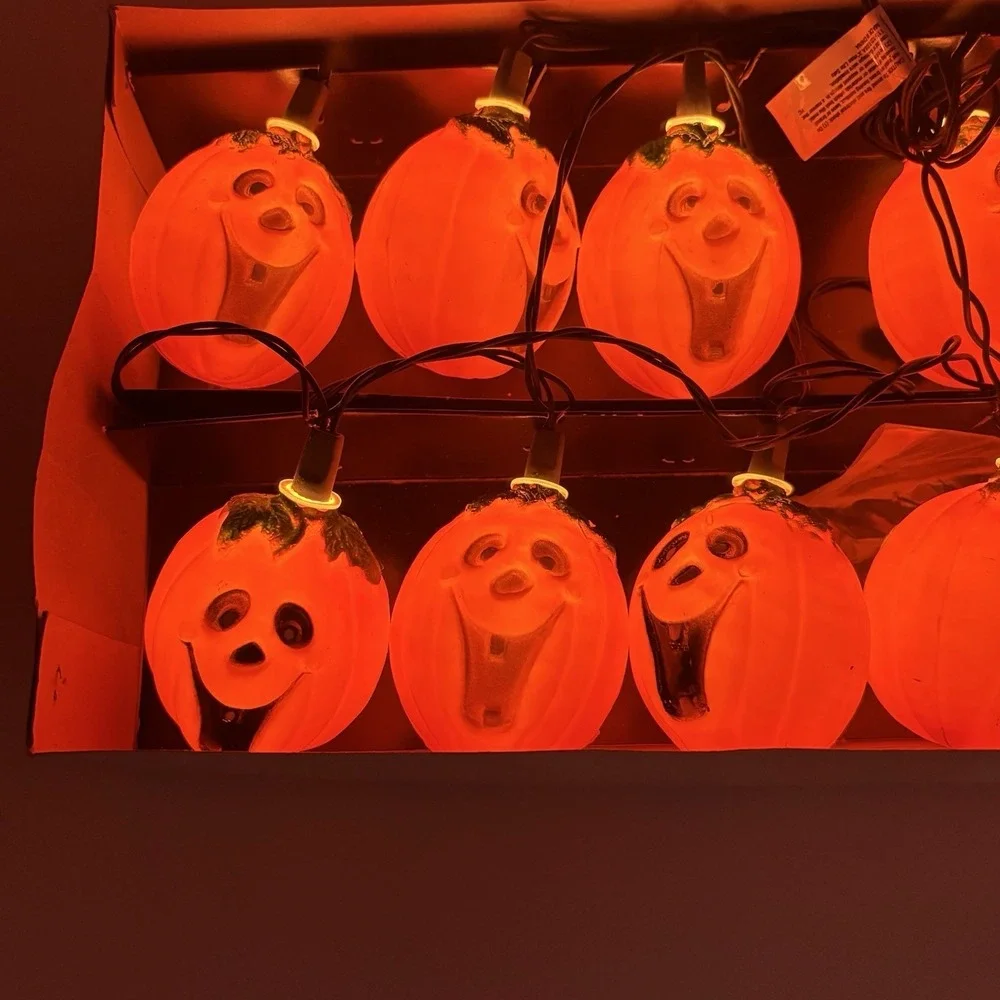 Vintage Jack o lantern Blow Mold String Lights 10‎ Orange Halloween Happy Face